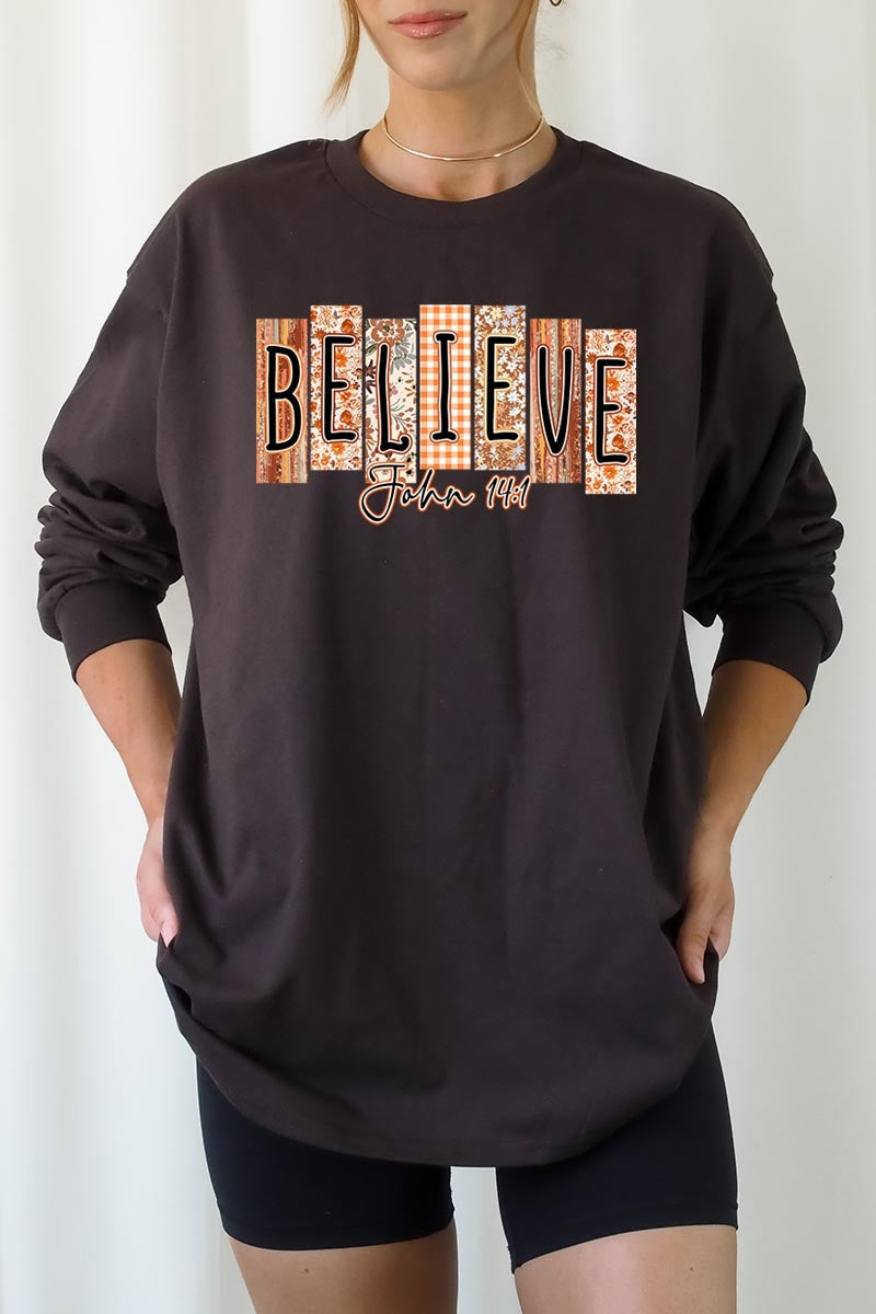 UL240P-E3167 Believe Fall Christian Graphic Plus Long Sleeve Tee $17
