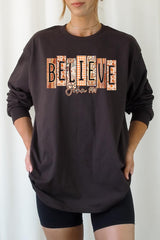 UL240P-E3167 Believe Fall Christian Graphic Plus Long Sleeve Tee $17
