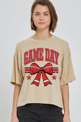 CTS-E3062 Red Game Day Football Bow Graphic Relaxed Crop Top $11
