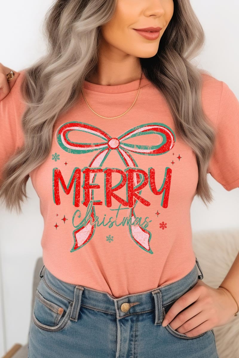 US3001P-E3197 Merry Christmas Bow Graphic Plus Tee $16