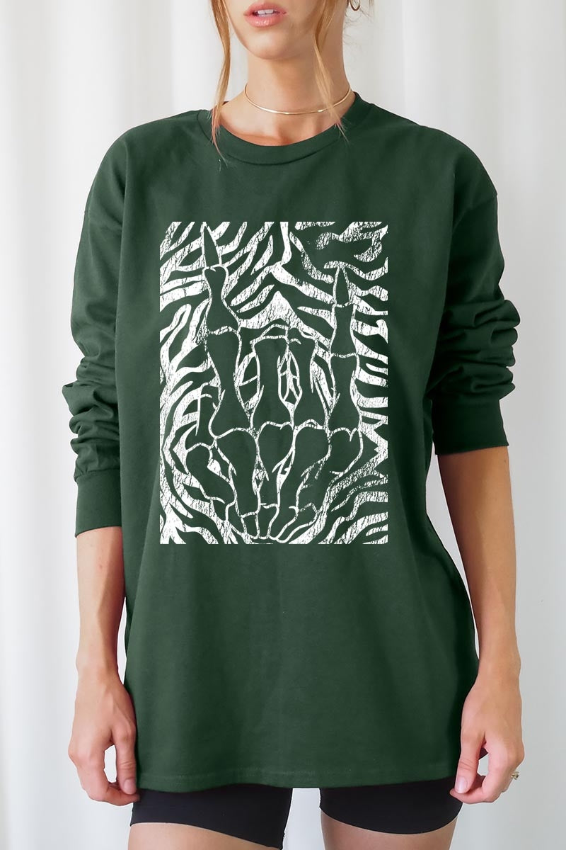 UL240-E3177 Skeleton Hands Zebra Graphic Long Sleeve Tee $13.75