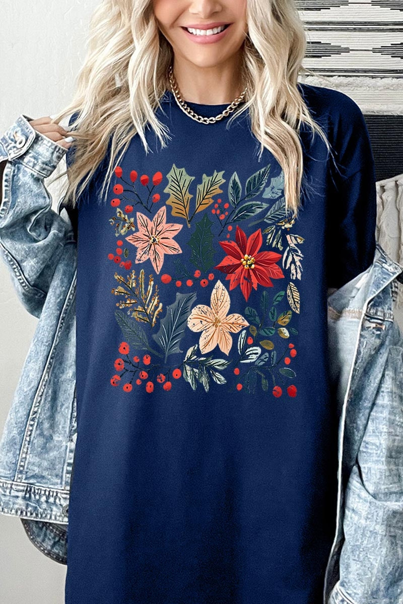 5000-E3186 Floral Christmas Graphic Heavy Cotton Tee $9