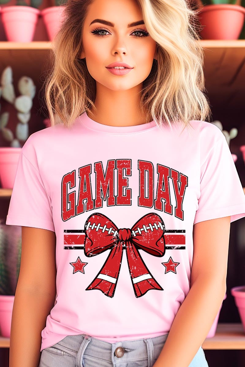 US3001-E3062 Red Game Day Football Bow Graphic Tee $12.5