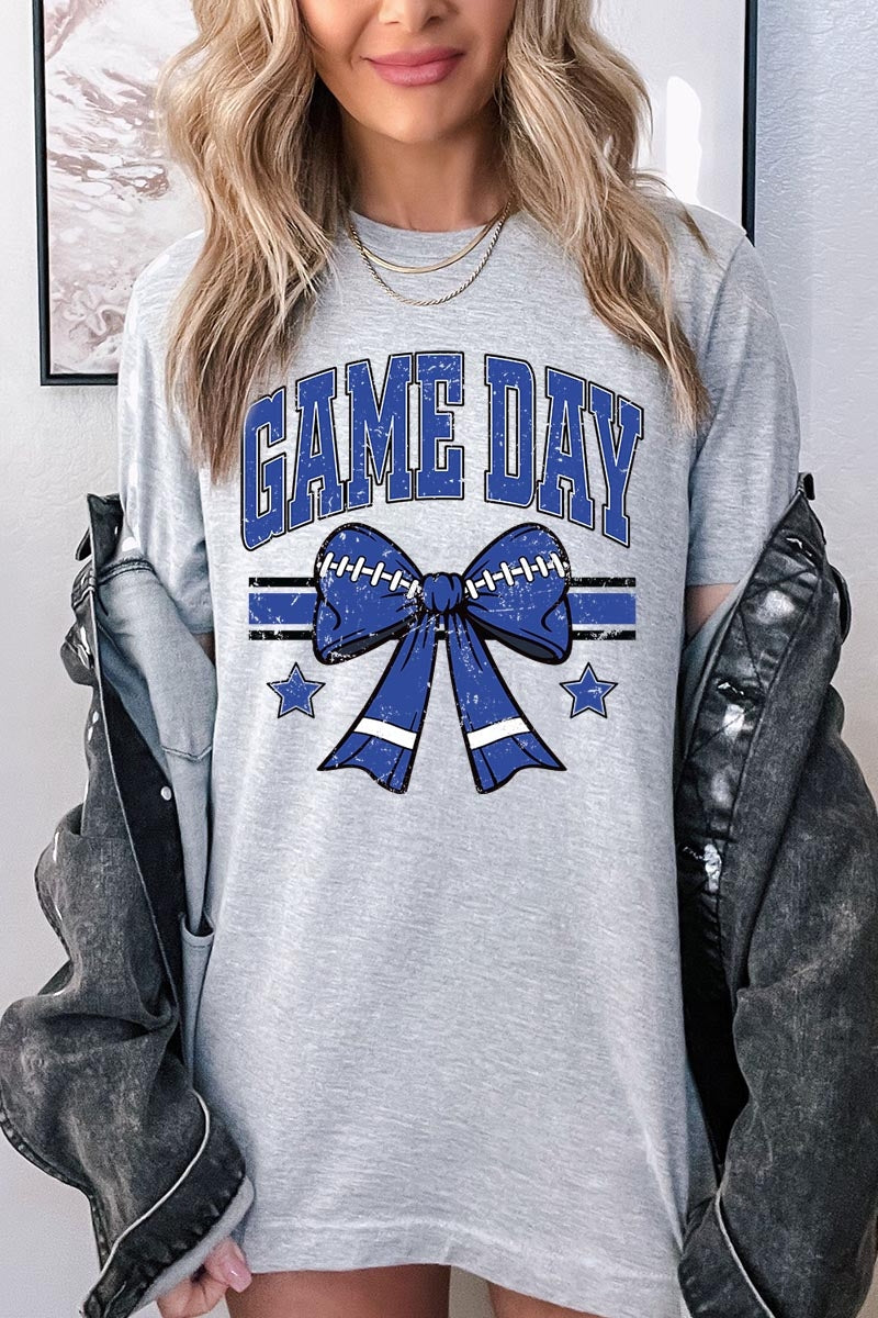 US3001-E3065 Blue Game Day Football Bow Graphic Tee $12.5
