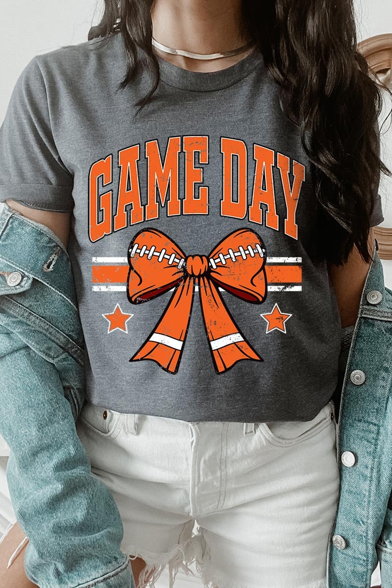 US3001P-E3064 Orange Game Day Football Bow Graphic Plus Tee $16