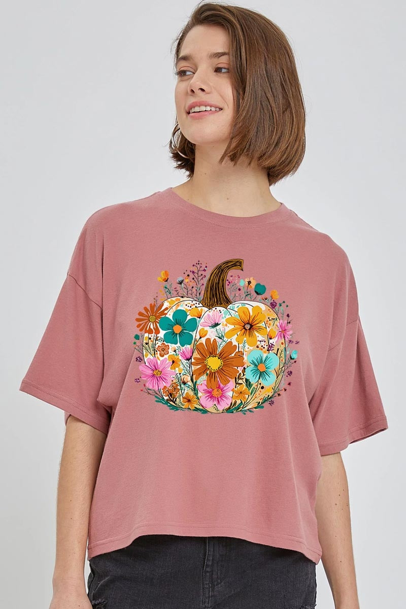 CTS-E3118 Floral Pumpkin Graphic Relaxed Crop Top $11