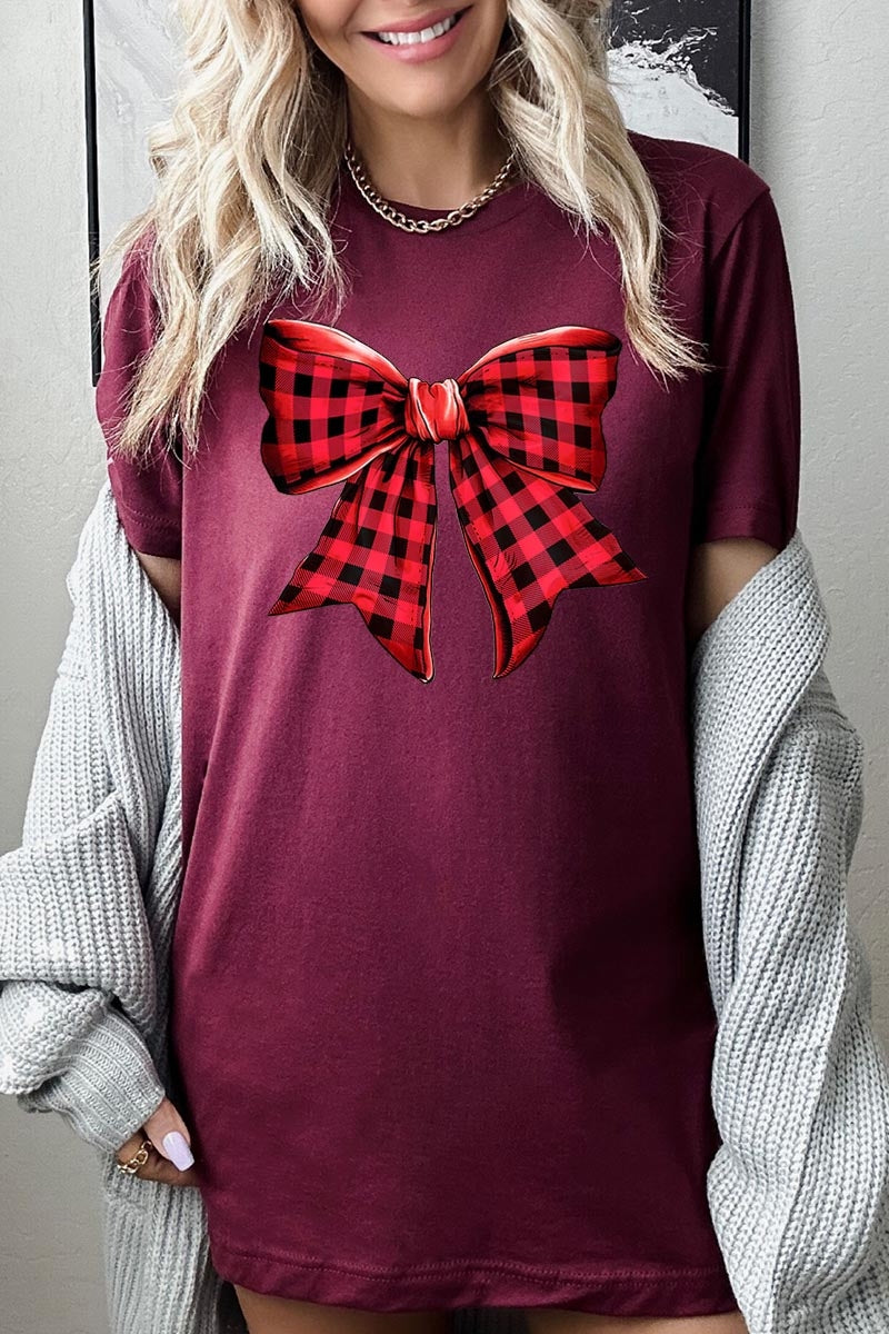 US3001-E3198 Red Buffalo Plaid Bow Graphic Tee $12.5