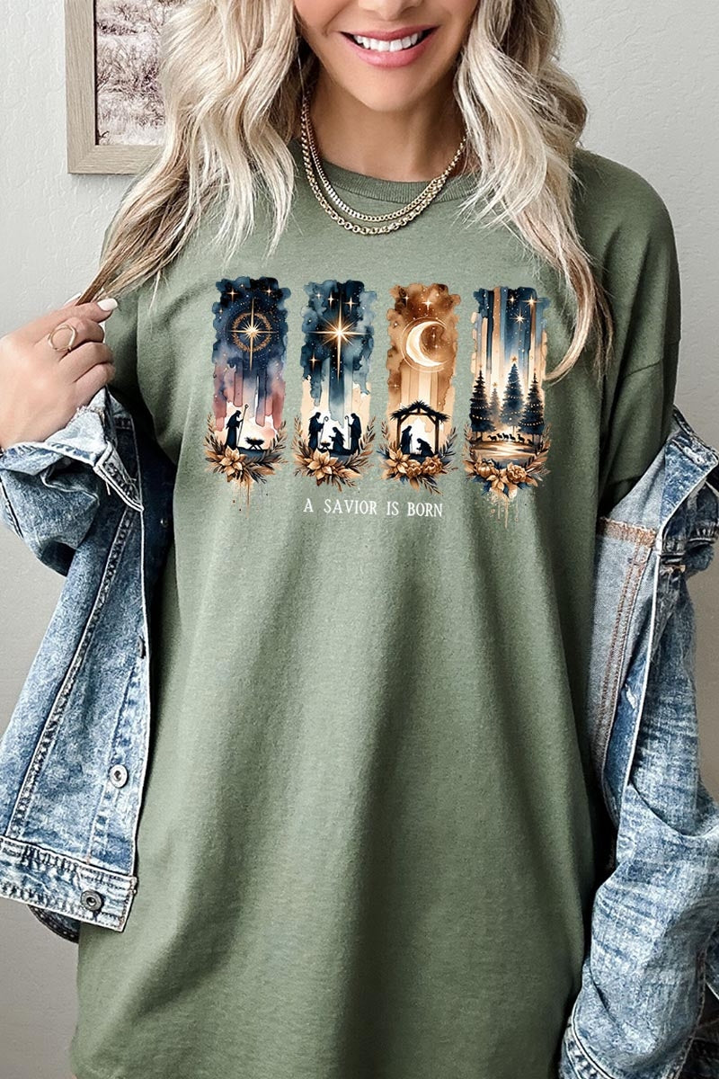 5000-E3204 Savior Is Born Nativity Graphic Heavy Cotton Tee $9