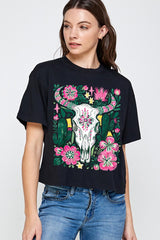 CTS-E3086 Western Floral Cow Skull Graphic Relaxed Crop Top $11