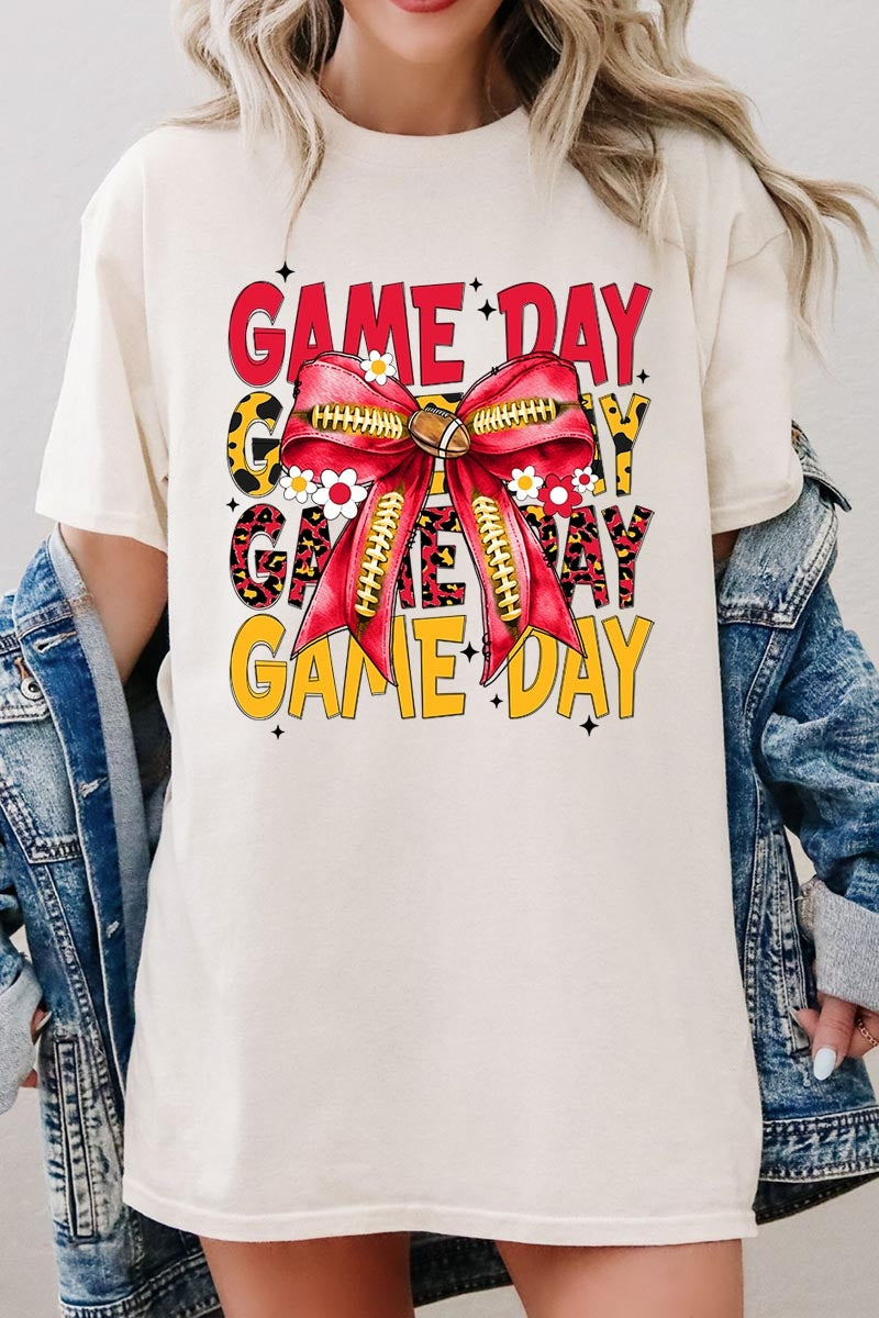 5000P-E3091 Red Yellow Football Bow Plus Heavy Cotton Tee $12.75