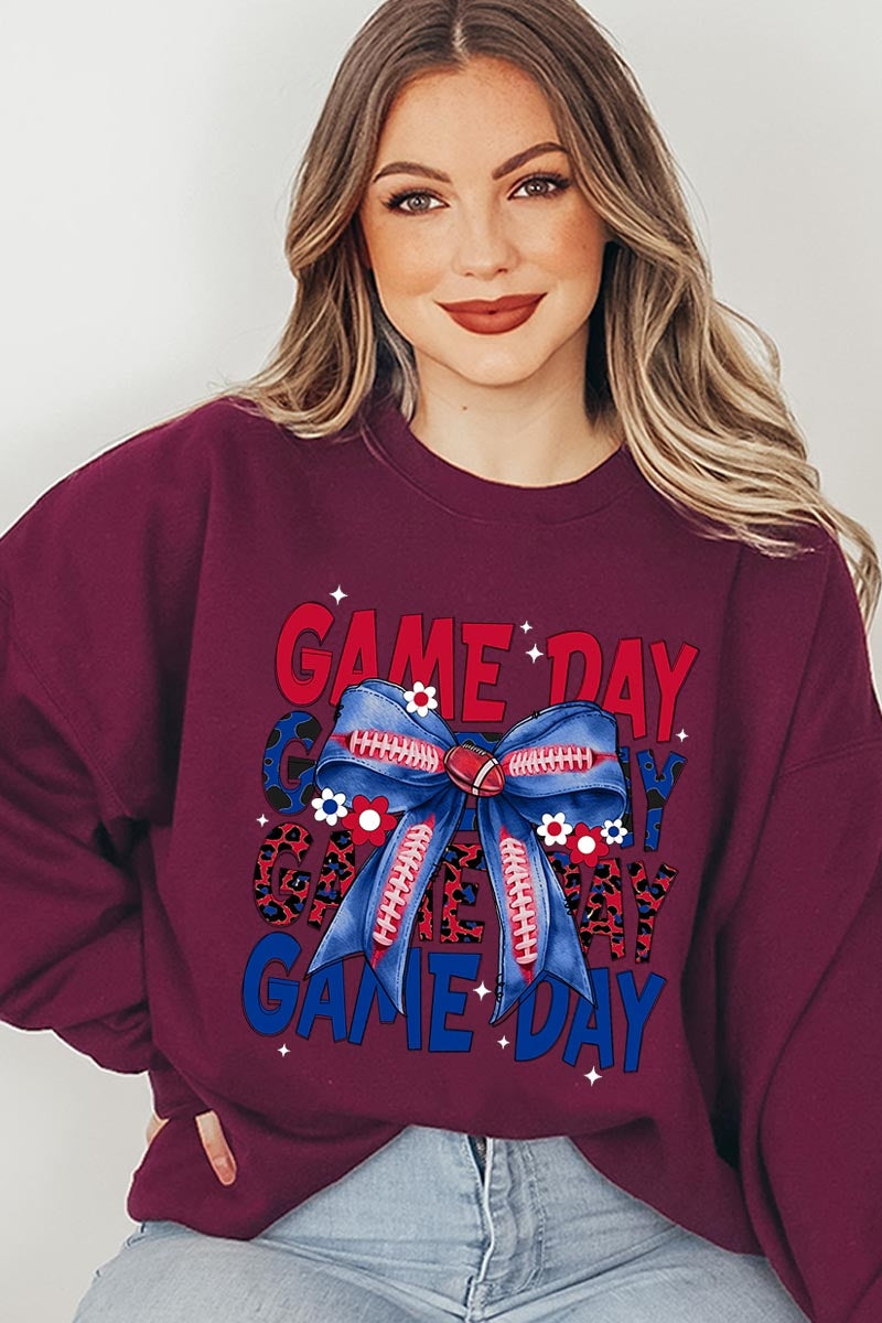 UL180P-E3087 Red Blue Football Game Day Bow Plus Sweatshirt $25