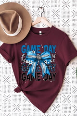US3001-E3089 Blue Silver Football Game Day Bow Graphic Tee $12.5