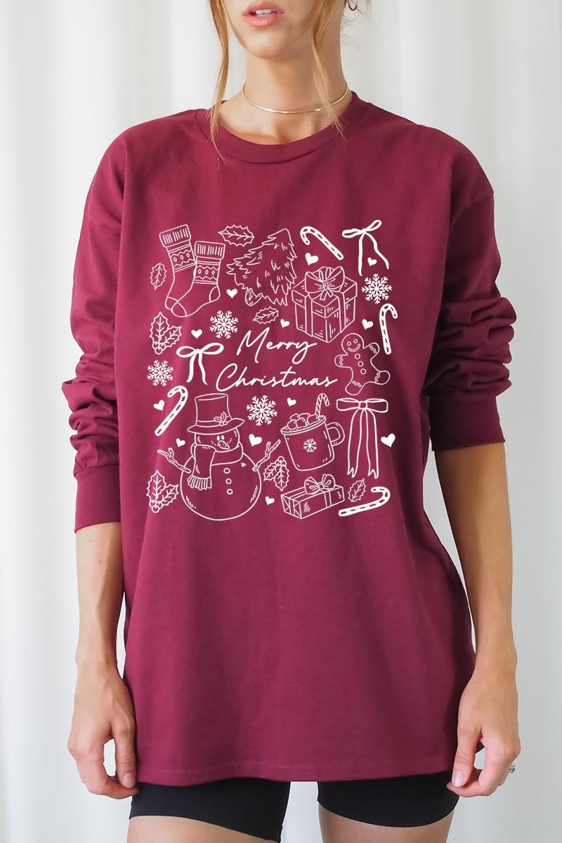 UL240-E3181 Christmas Doodle Graphic Long Sleeve Tee $13.75