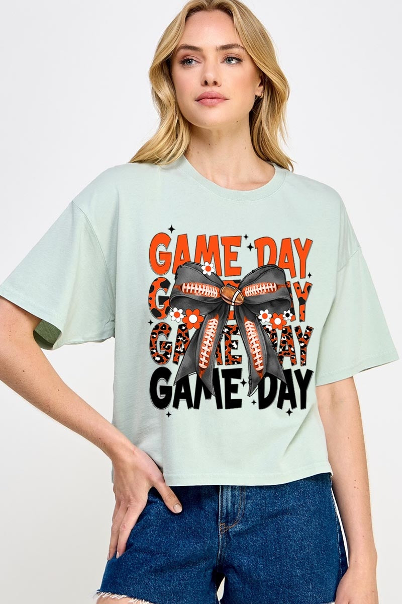CTS-E3088 Orange Black Football GameDay Bow Relaxed Crop Top $11