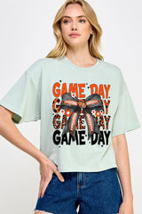CTS-E3088 Orange Black Football GameDay Bow Relaxed Crop Top $11
