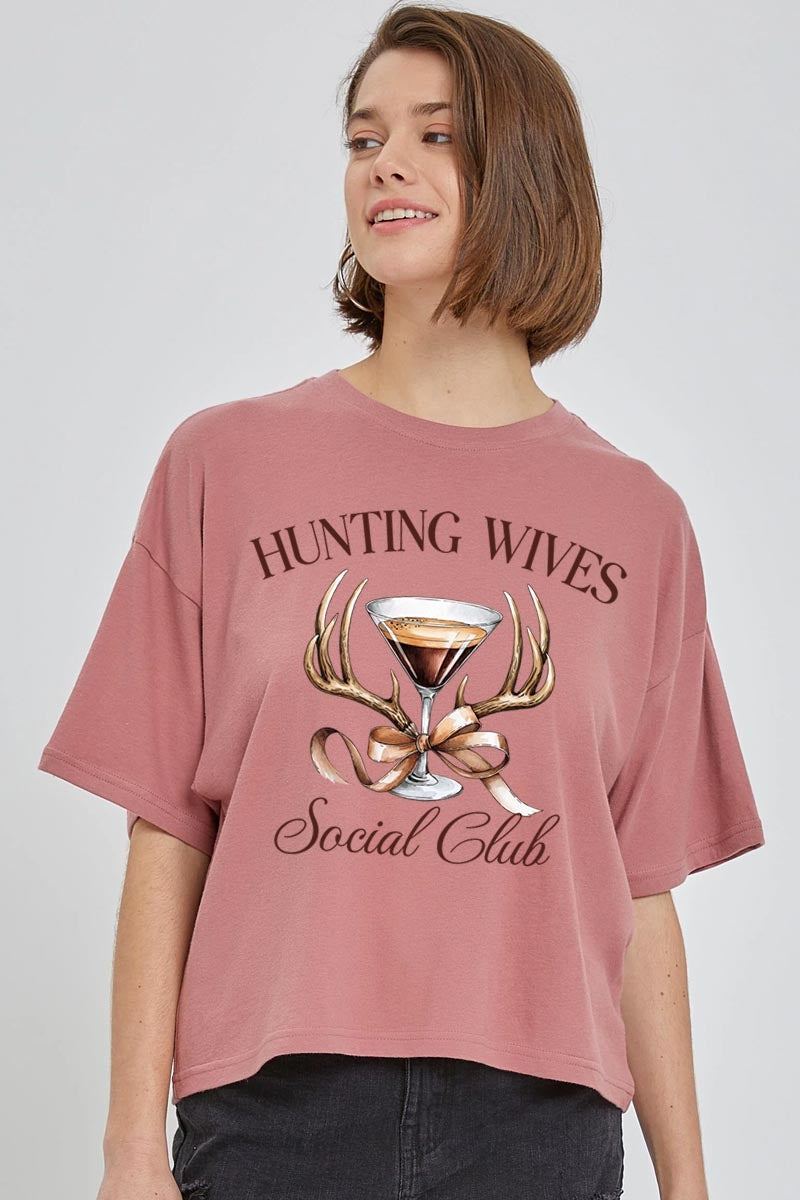 CTS-E3191 Hunting Wives Social Club Graphic Relaxed Crop Top $11