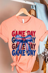 US3001-E3087 Red Blue Football Game Day Bow Graphic Tee $12.5