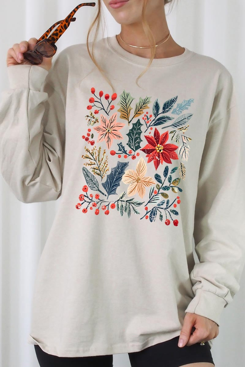 UL240-E3186 Floral Christmas Graphic Long Sleeve Tee $13.75