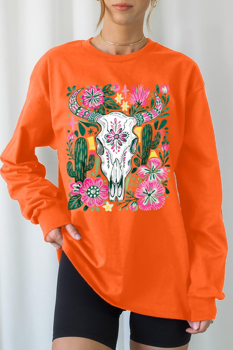 UL240-E3086 Western Floral Cow Skull Graphic Long Sleeve Tee $13.75