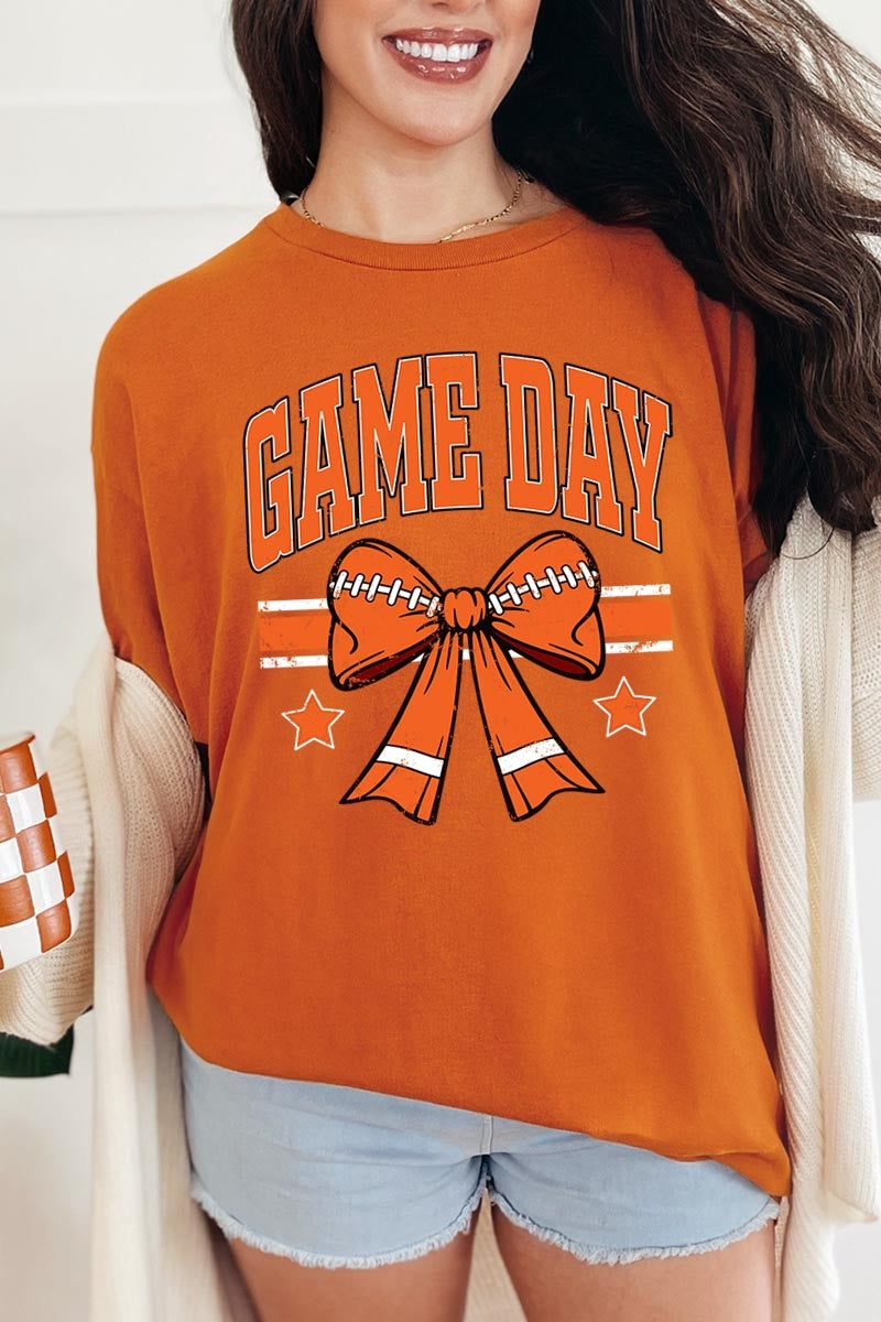 5000-E3064 Orange Football Bow Graphic Heavy Cotton Tee $9