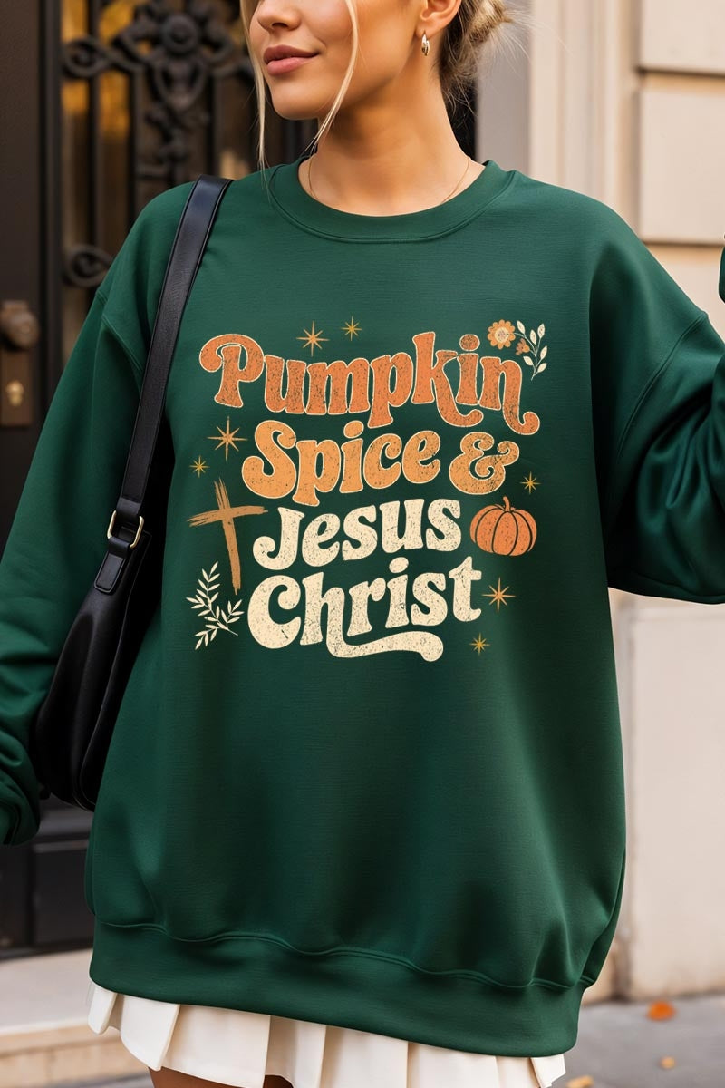 UL180P-E3164 Pumpkin Spice & Jesus Graphic Plus Sweatshirt $25