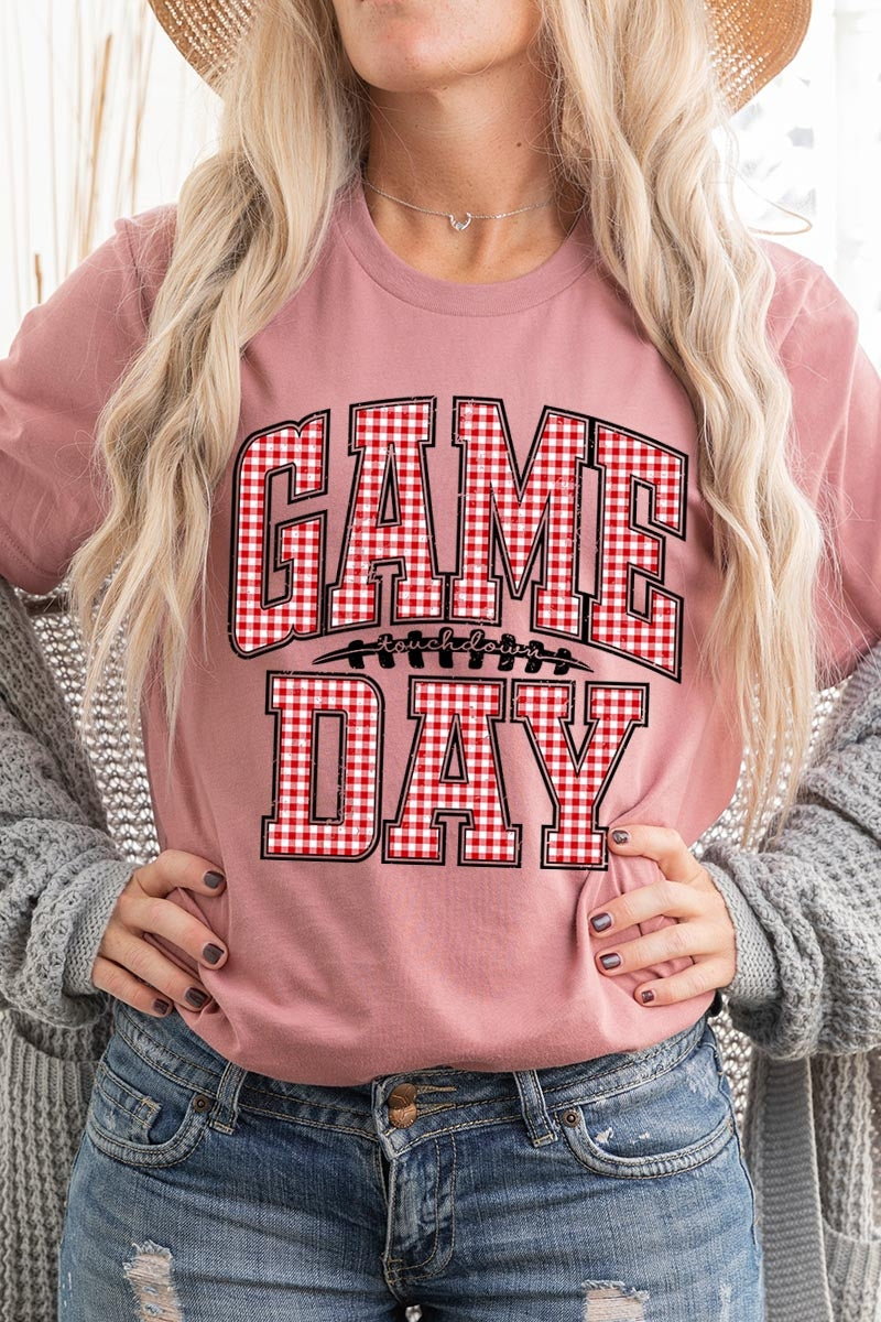 US3001-E3126 Red Gingham Game Day Graphic Tee $12.5