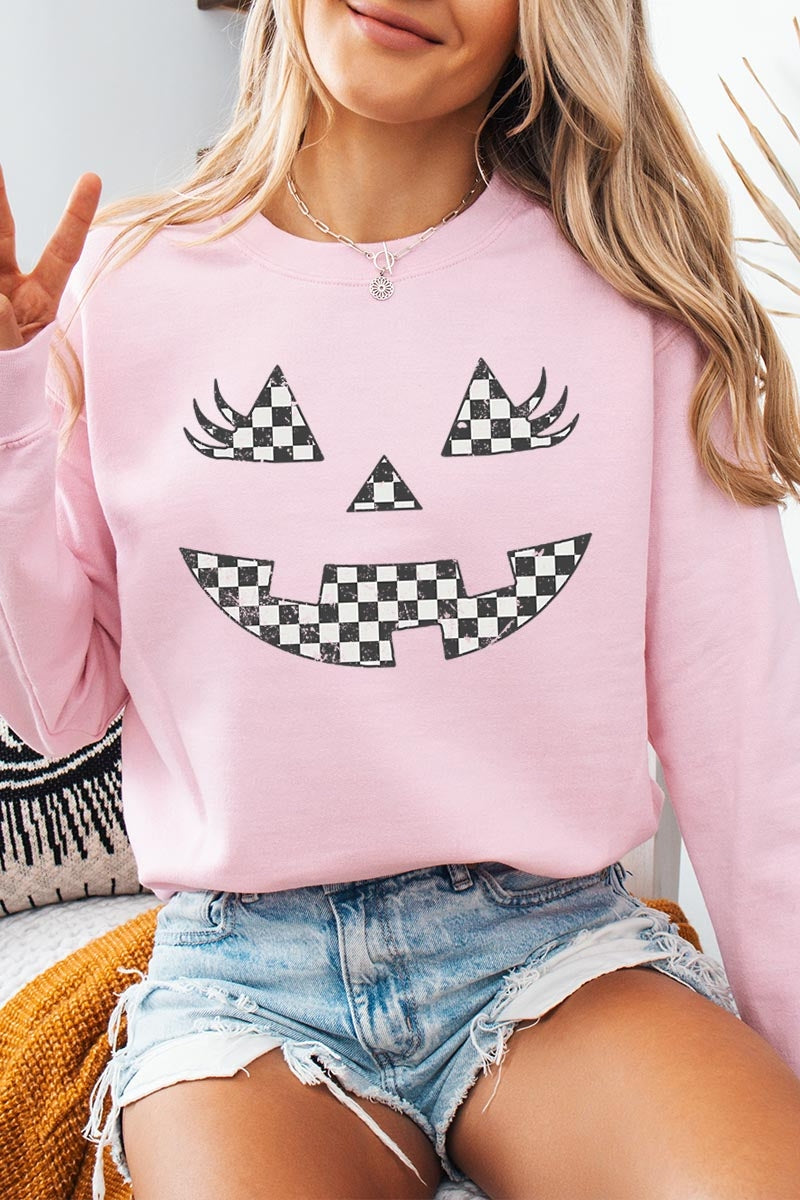 UL180P-E3149 Checker Pumpkin Face Graphic Plus Sweatshirt $25
