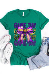 US3001-E3092 Purple Yellow Football Game Day Bow Graphic Tee $12.5
