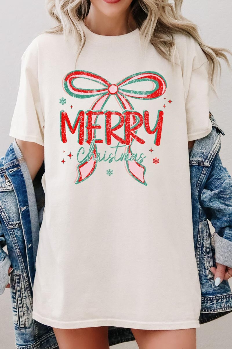 5000-E3197 Merry Christmas Bow Graphic Heavy Cotton Tee $9