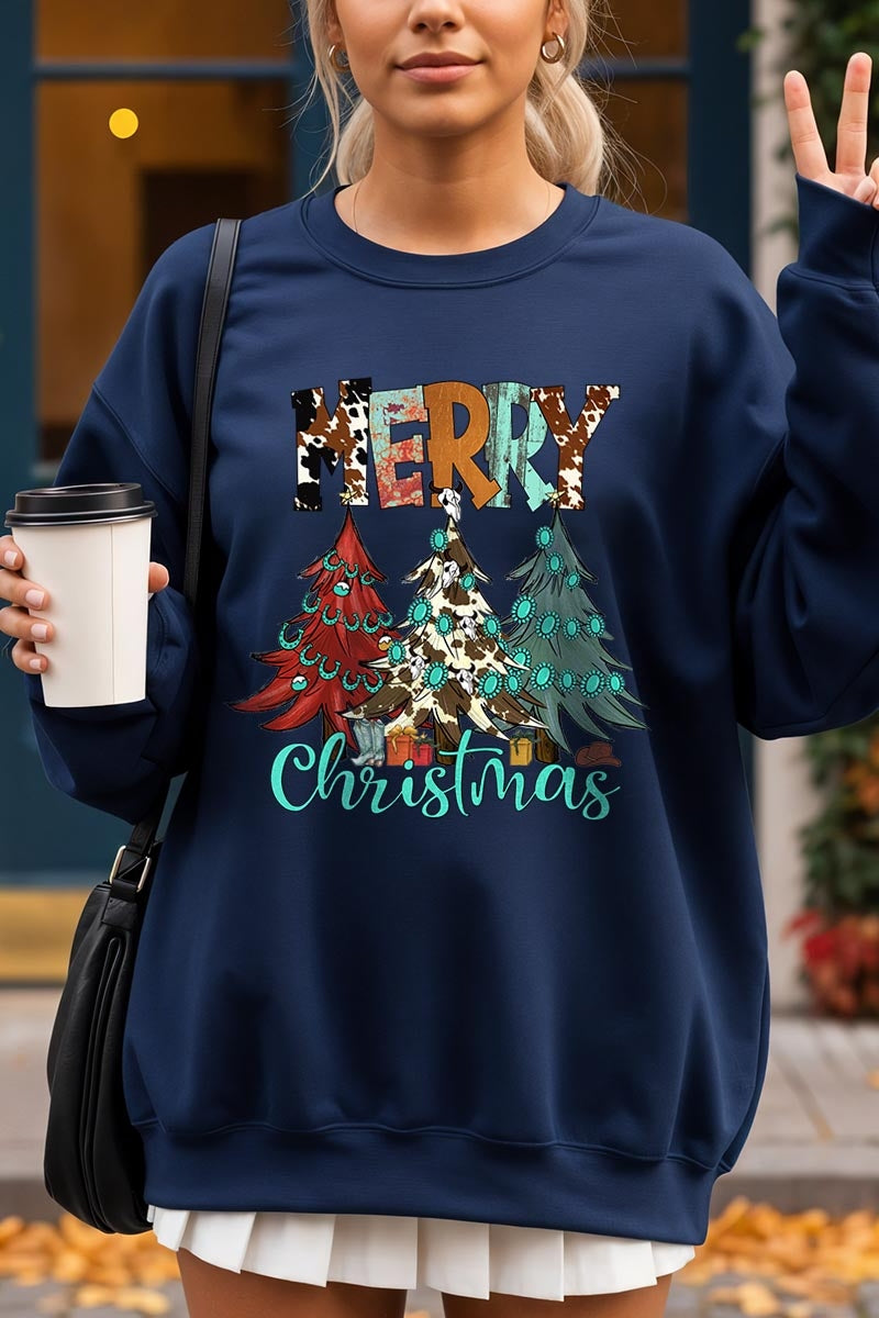 UL180P-E3200 Merry Christmas Trees Graphic Plus Sweatshirt $25