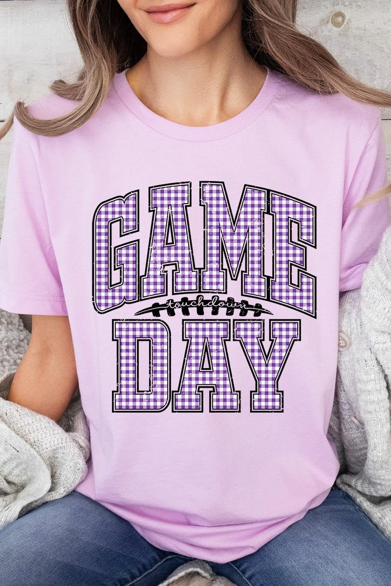 US3001P-E3127 Purple Gingham Game Day Graphic Plus Tee $16