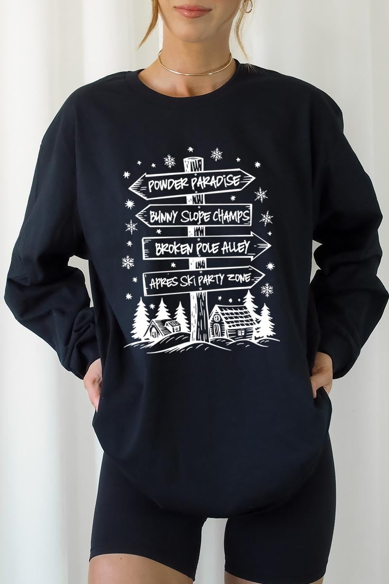 UL240P-E3189 Ski Lodge Signs Graphic Plus Long Sleeve Tee $17