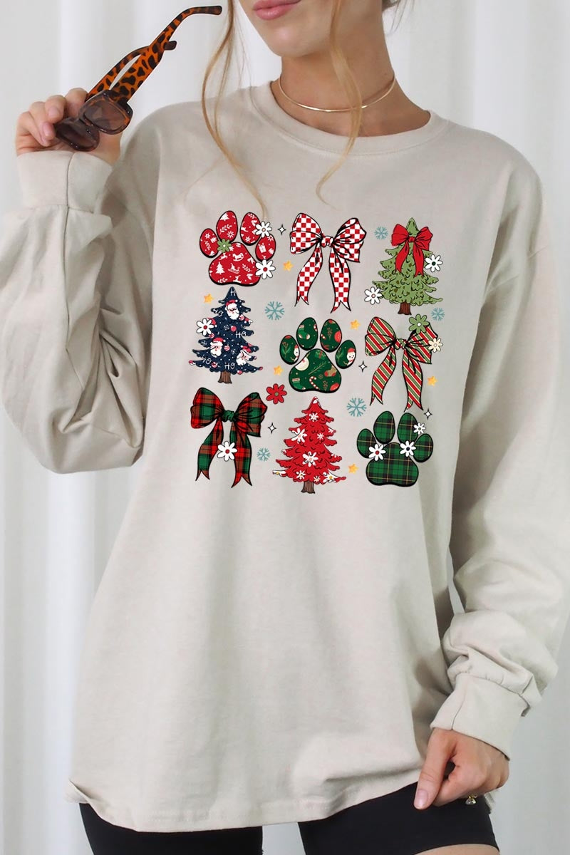 UL240P-E3195 Christmas Bow Paw Graphic Plus Long Sleeve Tee $17