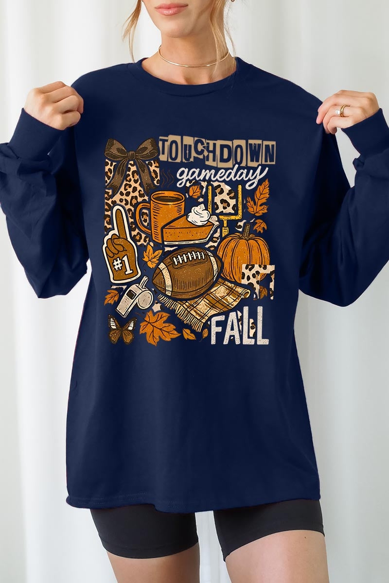 UL240-E3134 Fall Football Collage Graphic Long Sleeve Tee $13.75
