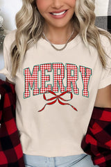 US3001P-E3206 Plaid Merry Christmas Bow Graphic Plus Tee $16