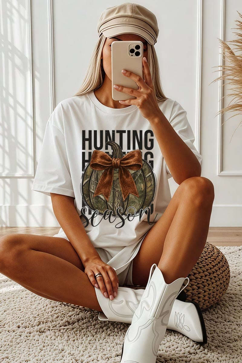 US3001P-E3190 Hunting Pumpkin Bow Graphic Plus Tee $16
