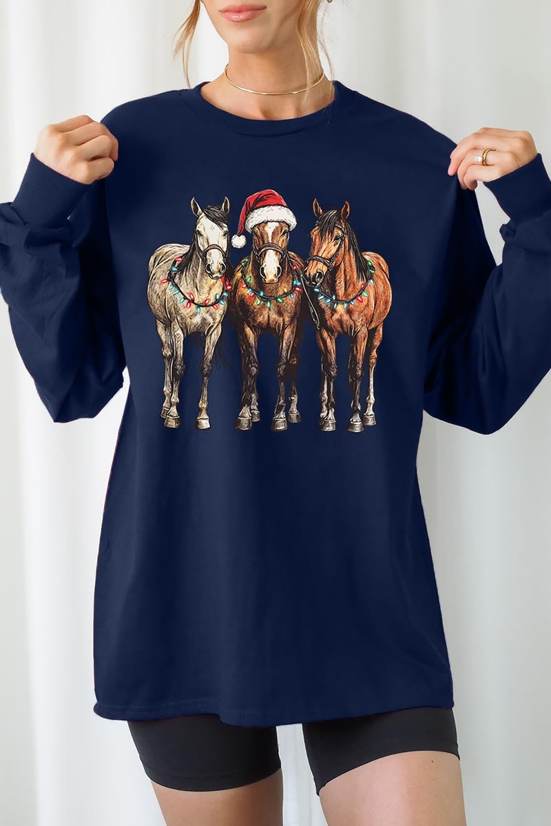 UL240-E3182 Christmas Horses Graphic Long Sleeve Tee $13.75