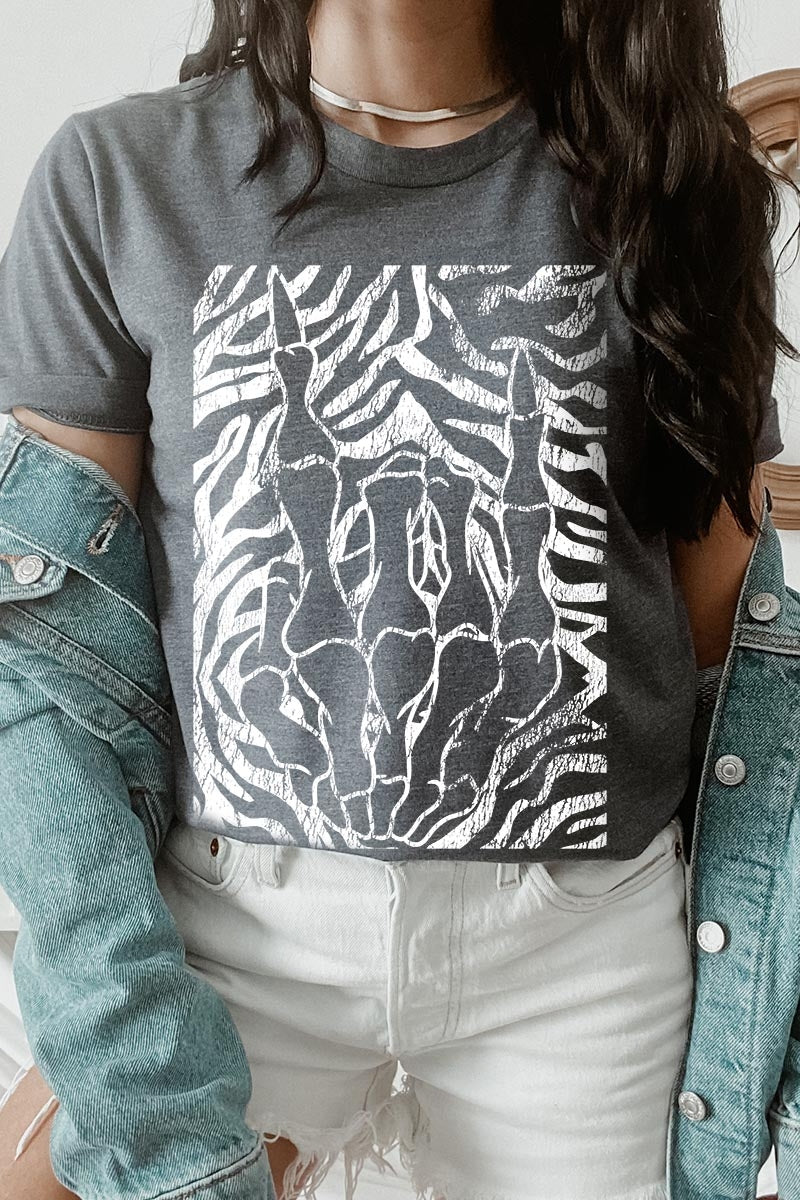 US3001P-E3177 Skeleton Hands Zebra Graphic Plus Tee $16