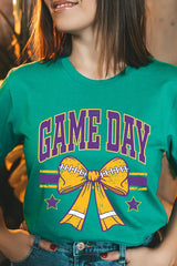 US3001P-E3063 Purple Game Day Football Bow Graphic Plus Tee $16