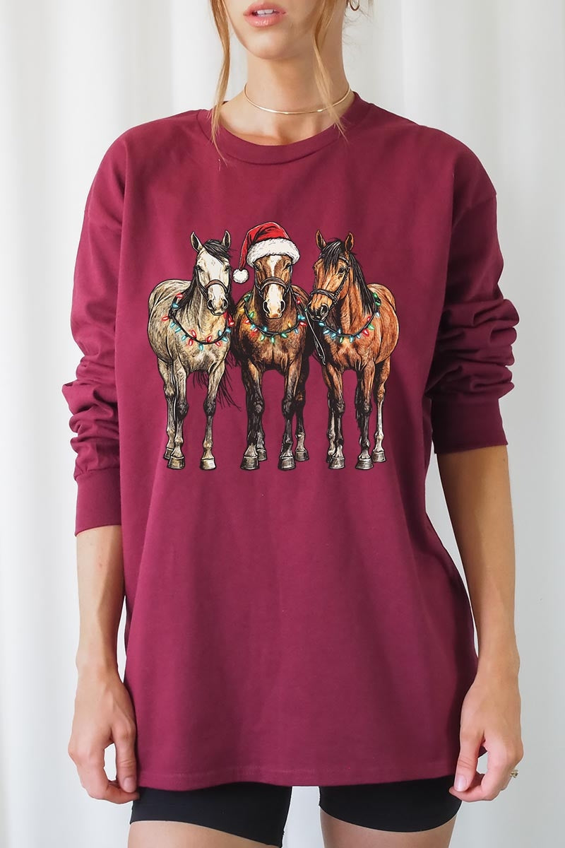 UL240-E3182 Christmas Horses Graphic Long Sleeve Tee $13.75