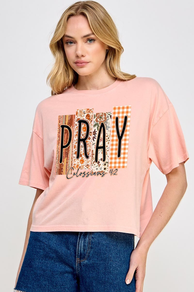 CTS-E3166 Pray Fall Christian Graphic Relaxed Crop Top $11