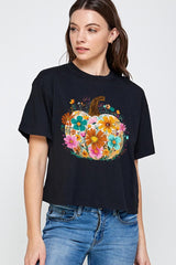 CTS-E3118 Floral Pumpkin Graphic Relaxed Crop Top $11