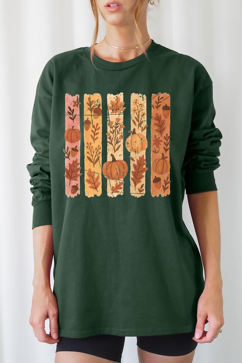 UL240P-E3110 Brushstroke Boho Fall Graphic Plus Long Sleeve Tee $17
