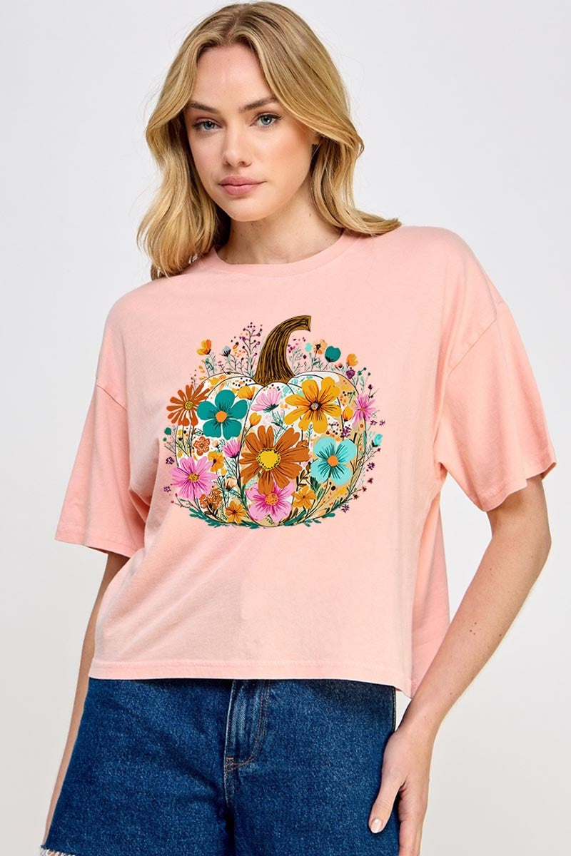 CTS-E3118 Floral Pumpkin Graphic Relaxed Crop Top $11