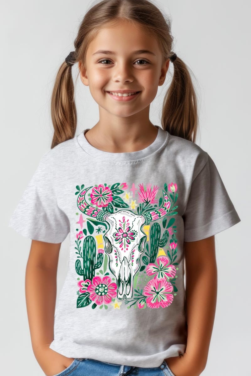 US3001Y-E3086Z Western Floral Cow Skull Kids Graphic Tee $11