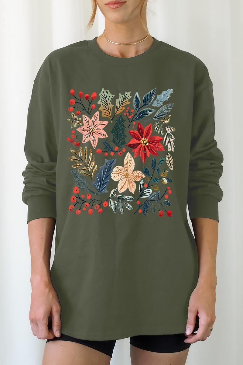 UL240-E3186 Floral Christmas Graphic Long Sleeve Tee $13.75