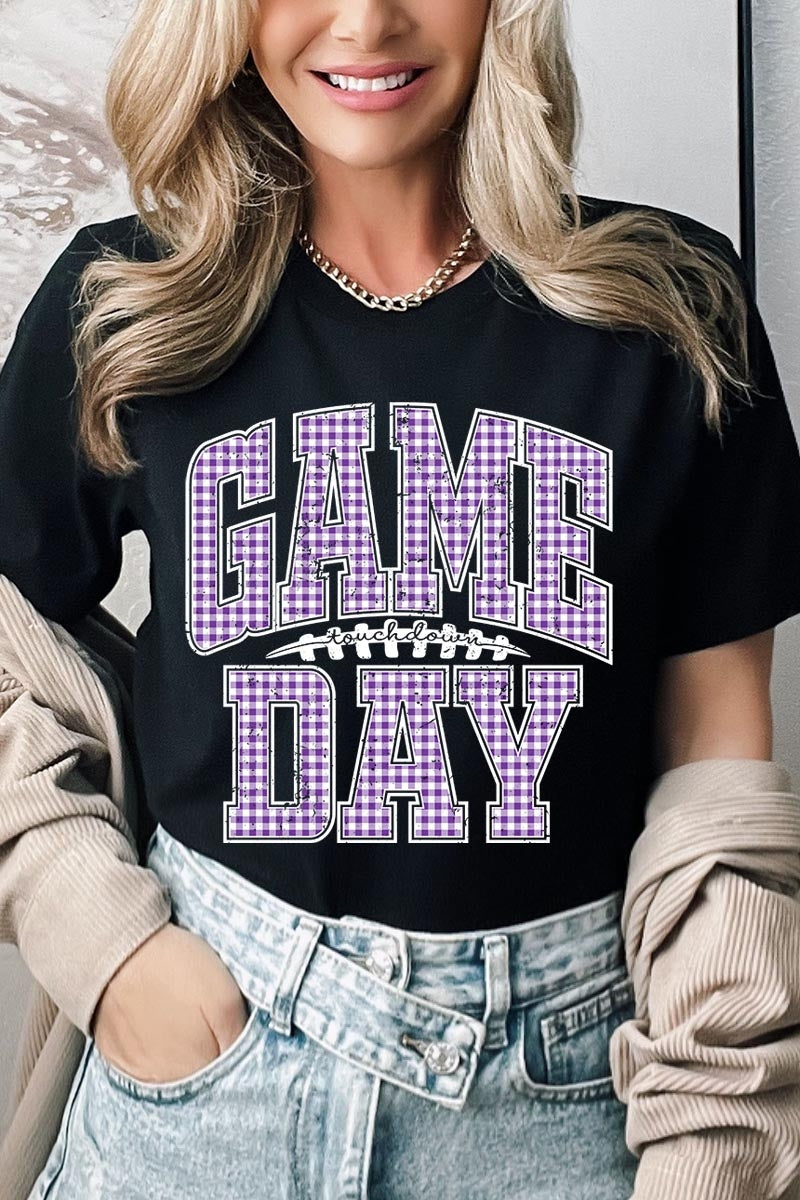 US3001P-E3127 Purple Gingham Game Day Graphic Plus Tee $16