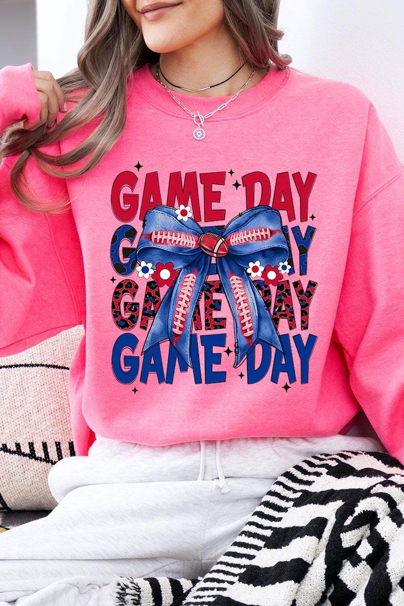 UL180P-E3087 Red Blue Football Game Day Bow Plus Sweatshirt $25