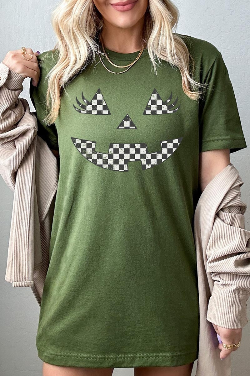 US3001P-E3149 Checker Pumpkin Face Graphic Plus Tee $16