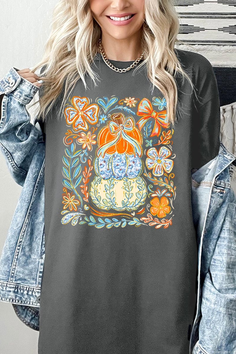 5000-E3153 Floral Pumpkin Stack Graphic Heavy Cotton Tee $9